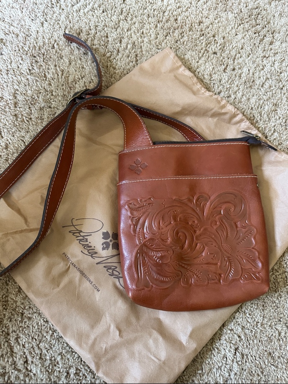 Patricia Nash Cognac Tooled Leather Crossbody Bag